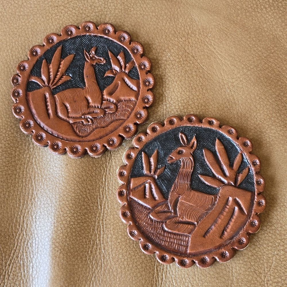 Tooled Leather Coaster Set of 2 | Llama Desert Design | possibly Peruvian